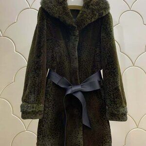 NEW Khaki Green Leopard Print Semi-Sheared Mink Fur Coat Jacket Fitted Belted